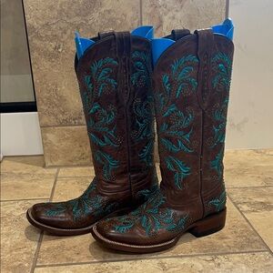 Lucchese Brown and Teal Embroidered Women's Boots